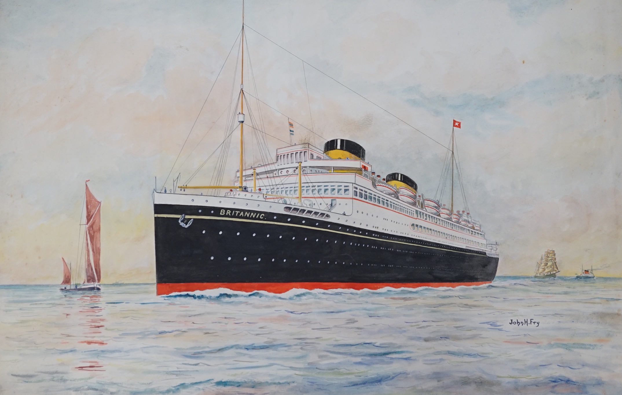John Hemming Fry (American 1860-1946), four watercolours, Ocean Liners, signed, produced as postcard designs, 48 x 72cm, unframed